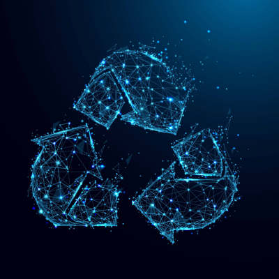 Abstract Recycle sign form lines and triangles, point connecting network on blue background.